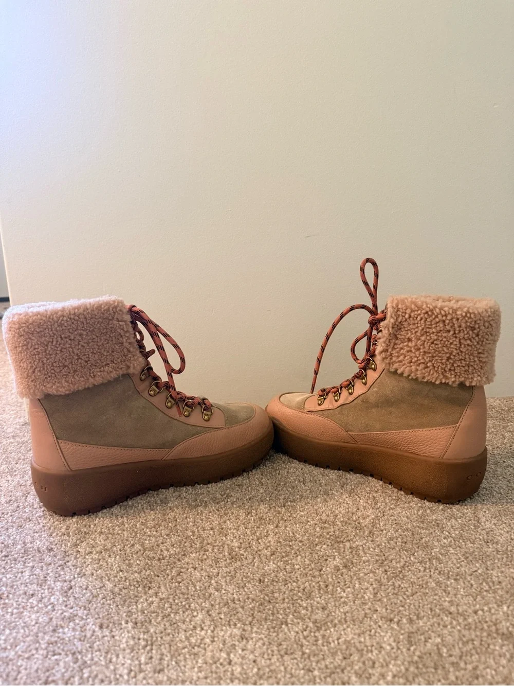 Coach Women's Taupe Pink Fleece-Trim Lace-Up Boots